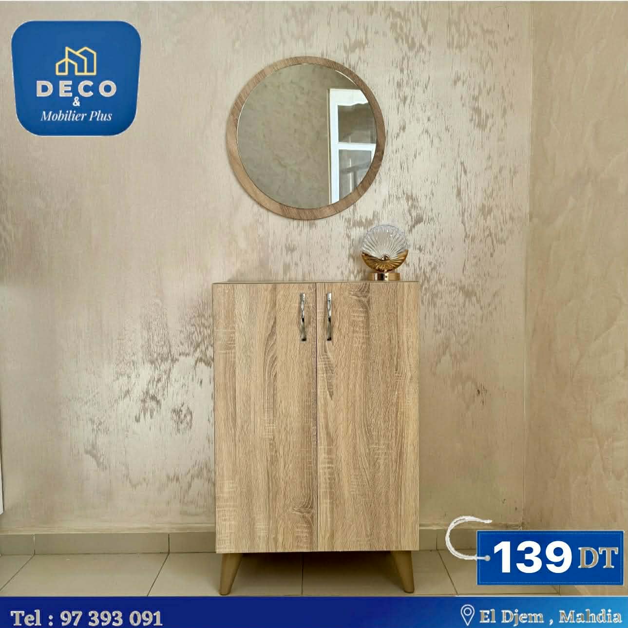 porte chaussures beige 2 beige avec miroir rond - Deco et mobiler