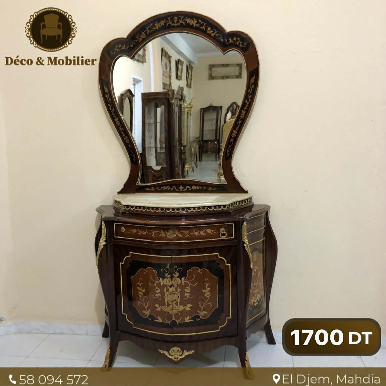 Coiffeuse Marquetée avec Miroir – Élégance Classique Premium - Deco et mobiler