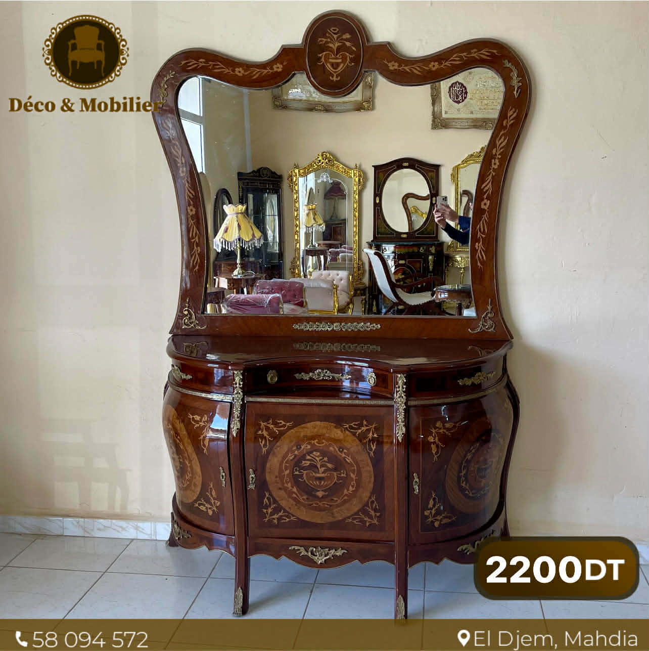 Coiffeuse Marquetée avec Miroir – Collection Luxe Classique - Deco et mobiler