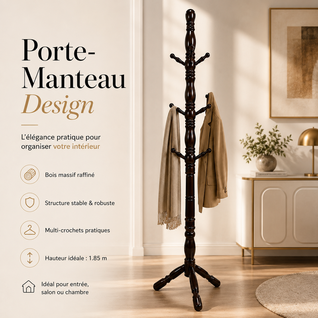 Porte-Manteau en Bois Massif – 1,85 m | Multi-Crochets 12-4