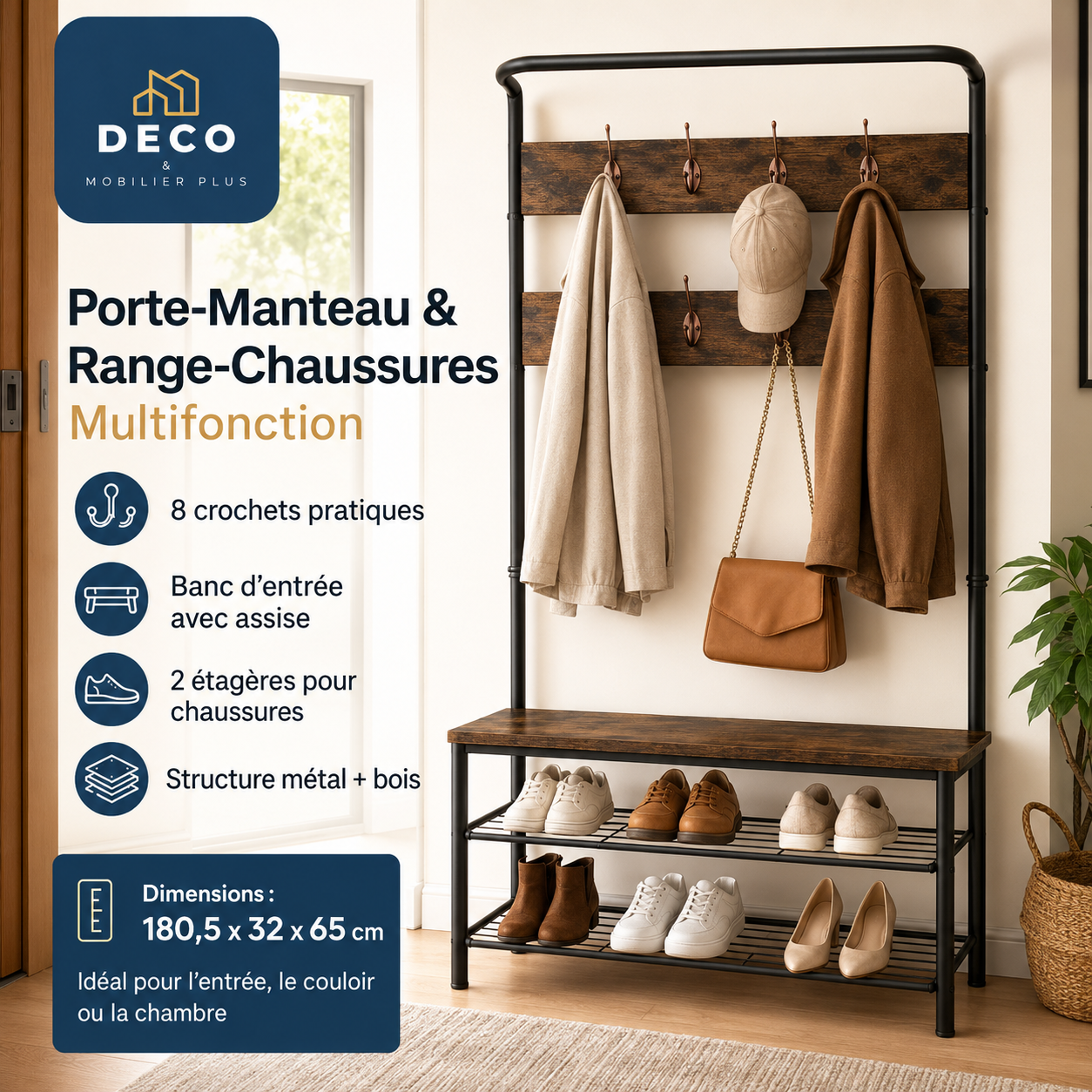 Porte-Manteau & Range-Chaussures Multifonction – 8 Crochets & Banc 12-3