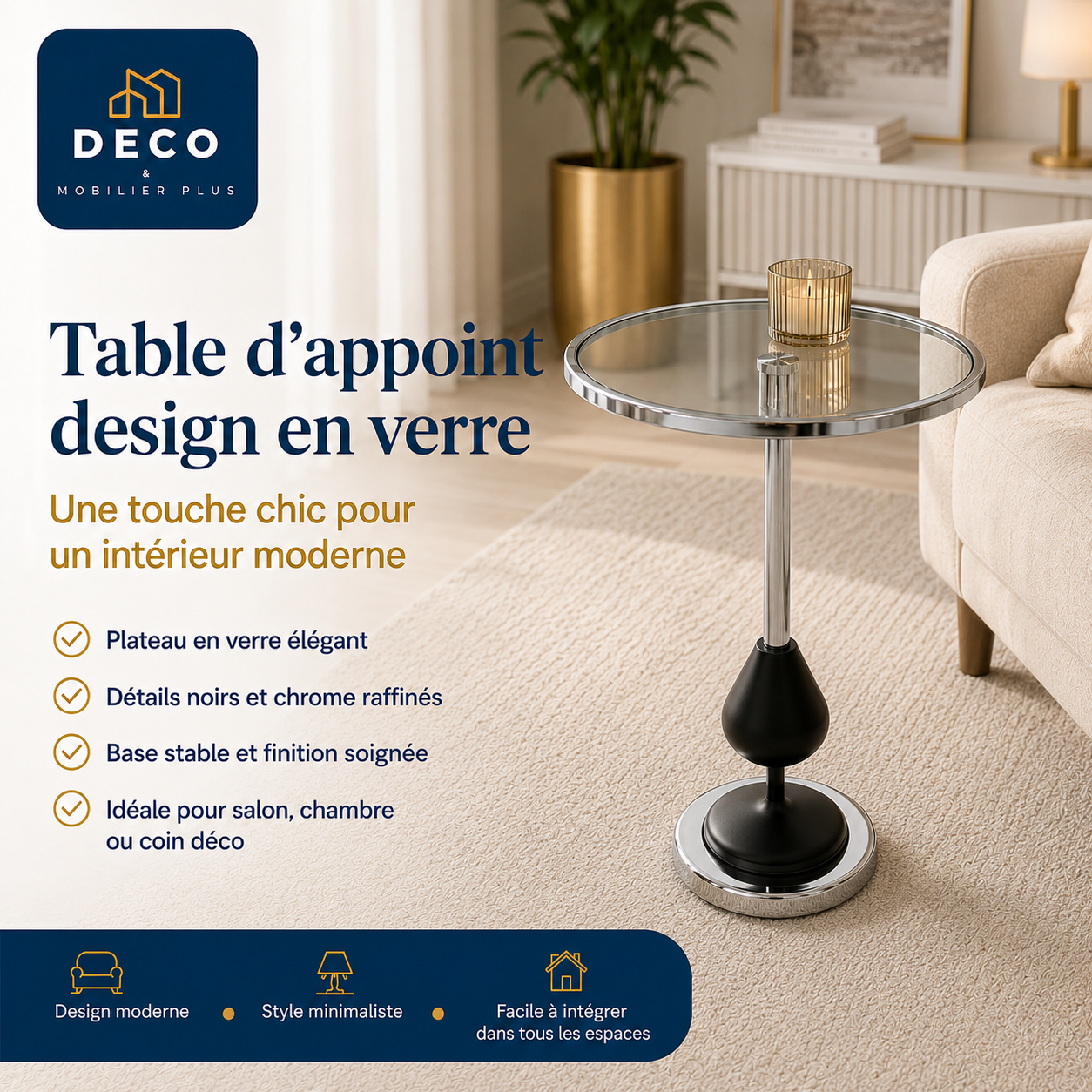 Table d'appoint design en verre – Noir & Doré 6-6-7