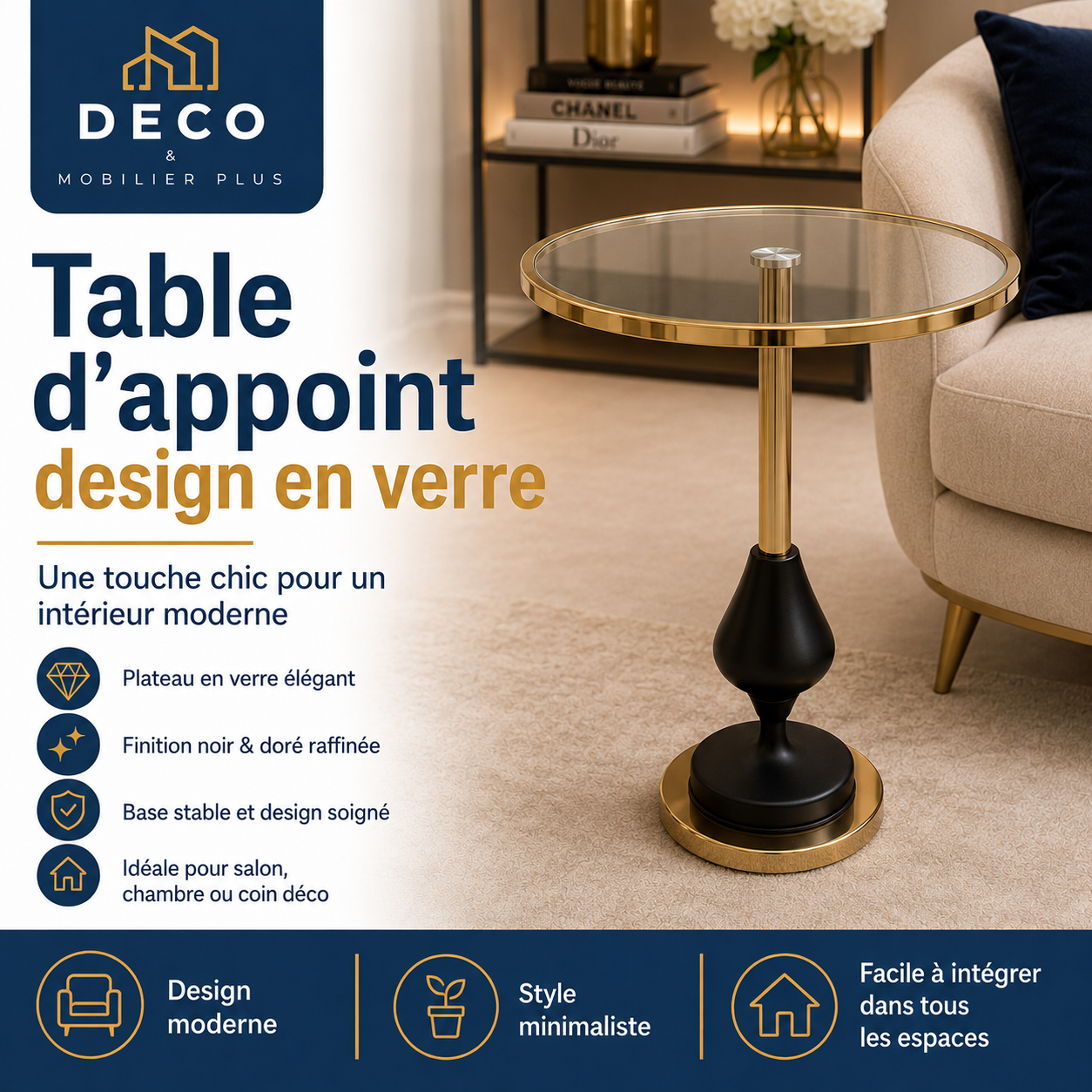 Table d'appoint design en verre – Noir & Doré 6-6-7