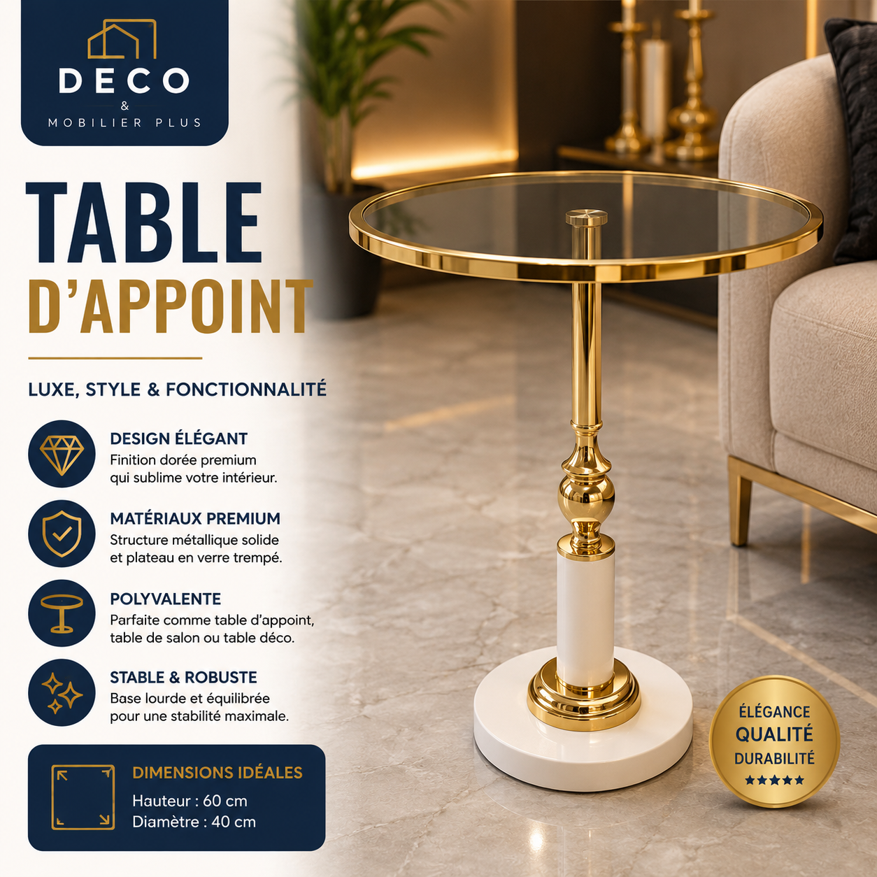 Table d'appoint luxe – Verre Trempé & Doré Premium 6-5