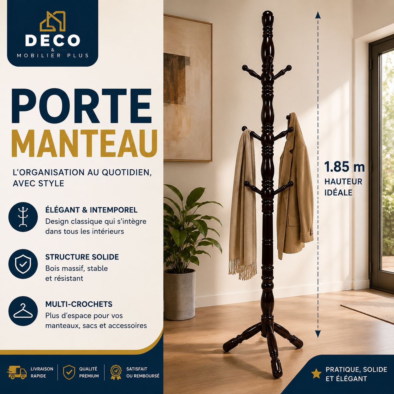 Porte-Manteau en Bois Massif – 1,85 m | Multi-Crochets 12-4