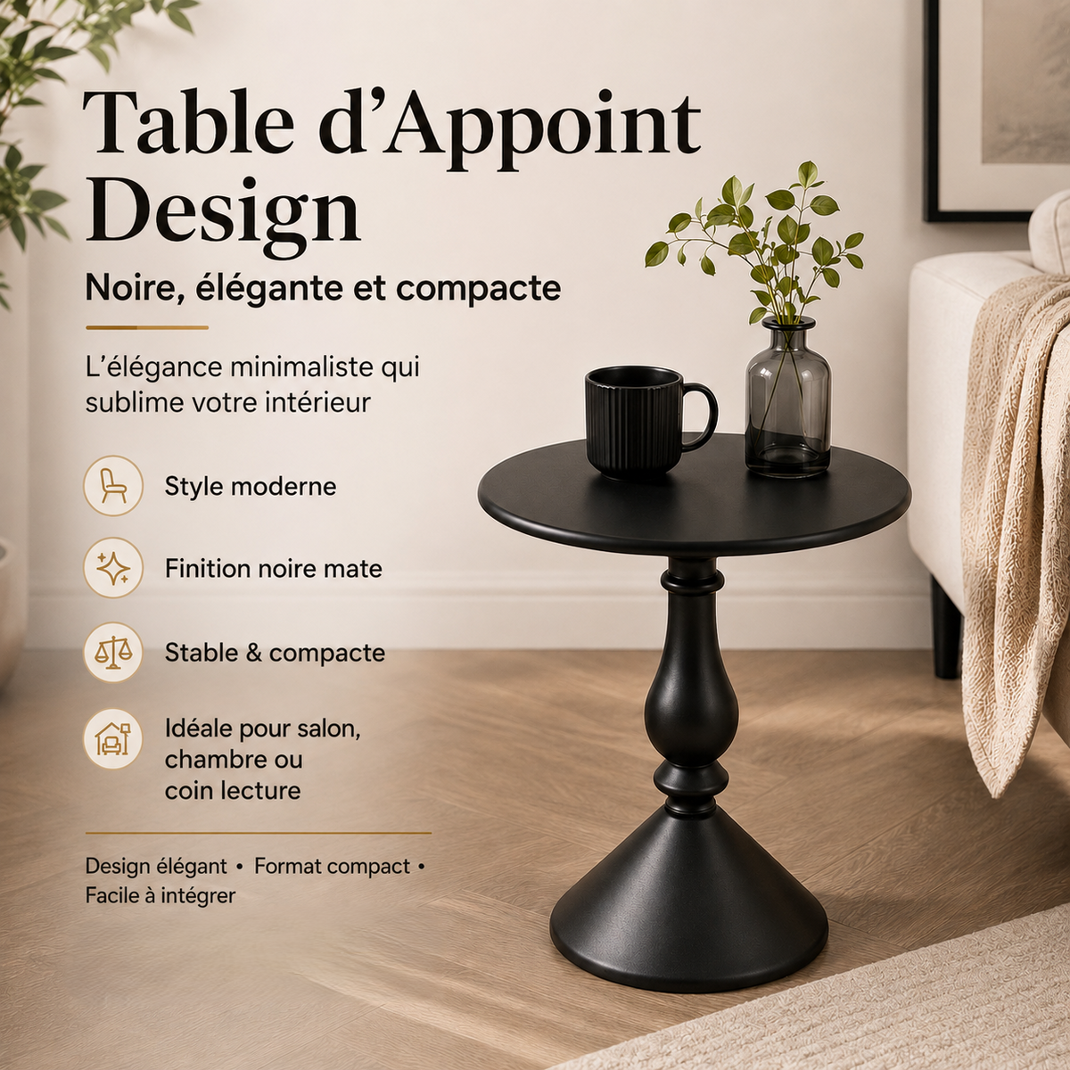 Table d'appoint design – Pied Sculpté Noir Mat 6-2