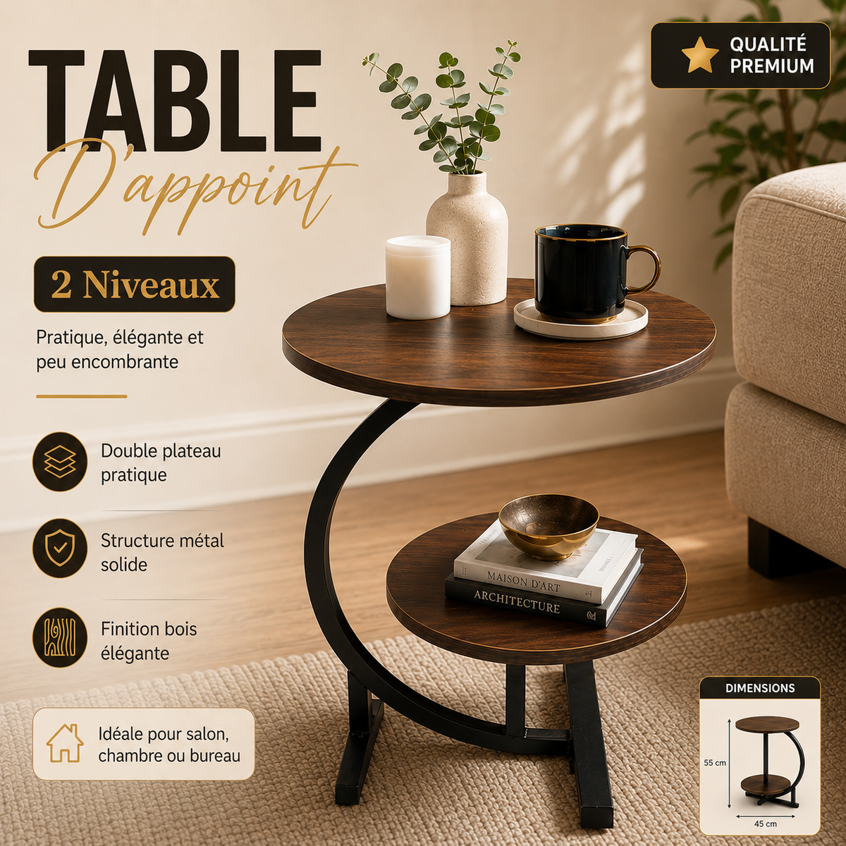 Table d'appoint 2 niveaux – Double Plateau Bois & Métal 12-9