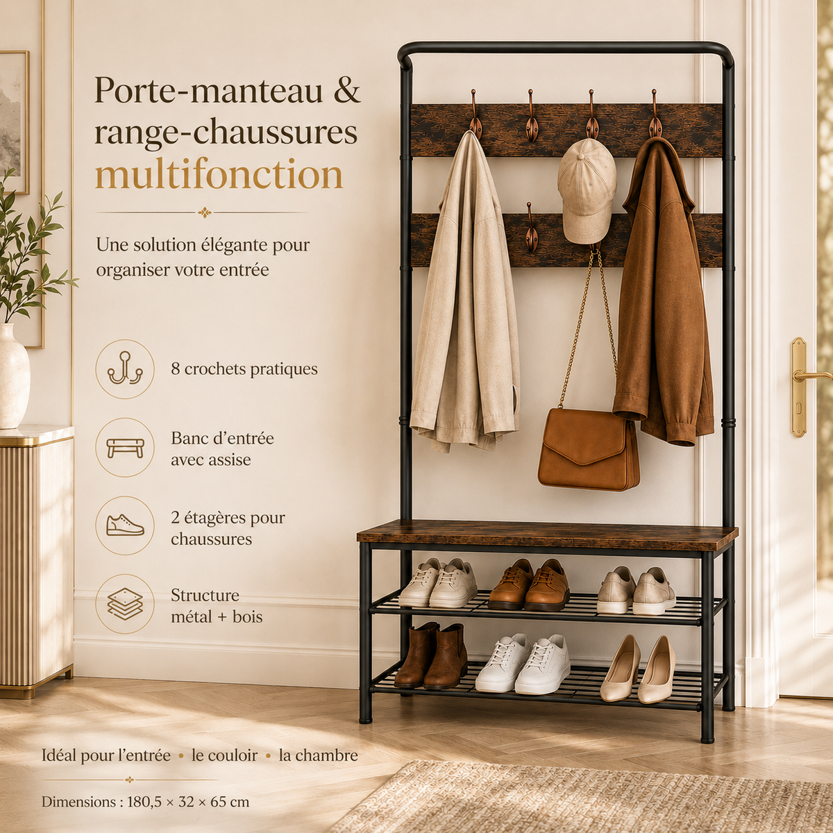 Porte-Manteau & Range-Chaussures Multifonction – 8 Crochets & Banc 12-3