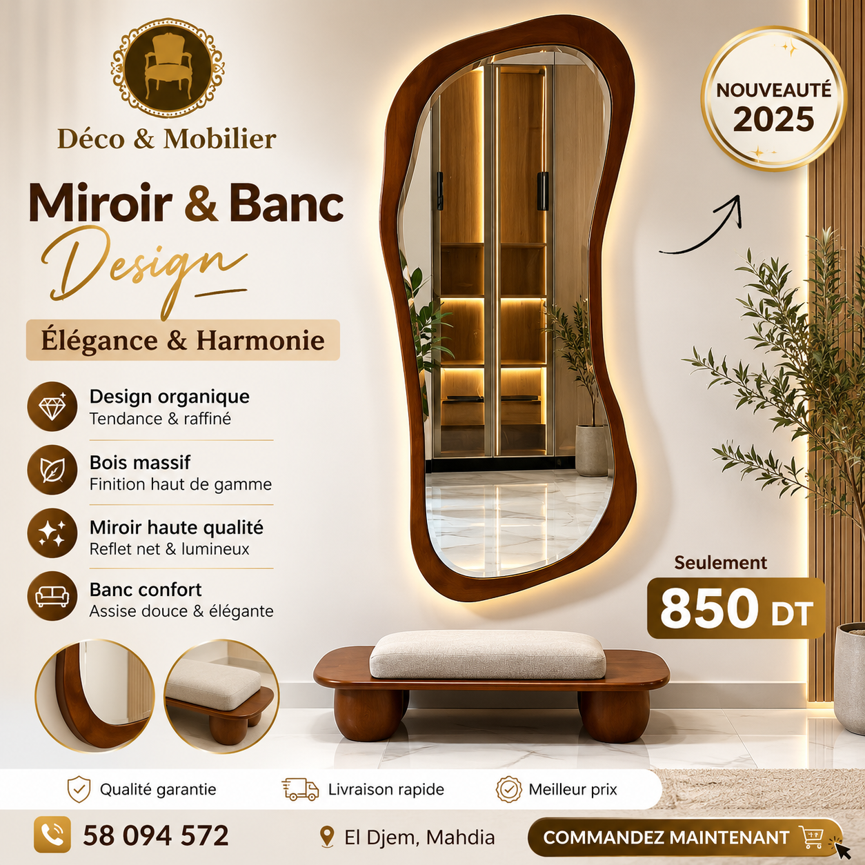 Miroir & Banc Design en Bois Massif