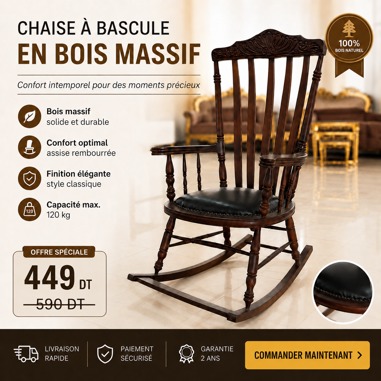 Chaise à Bascule en Bois Massif
