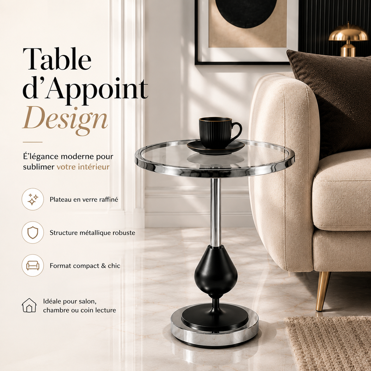 Table d'appoint design en verre – Noir & Doré 6-6-7