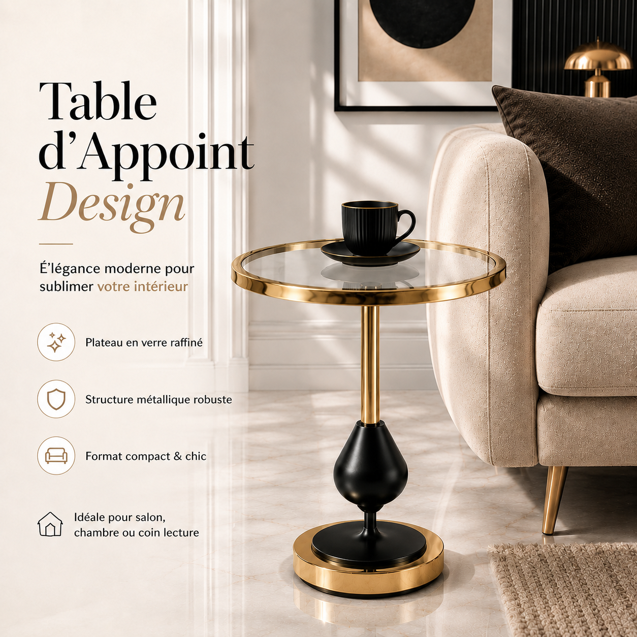 Table d'appoint design en verre – Noir & Doré 6-6-7
