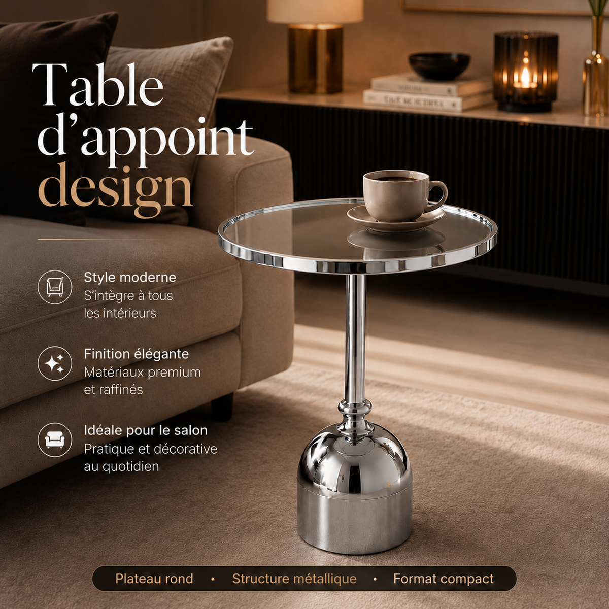 Table d'appoint design en verre – Dorée & Chromée 6-8-9