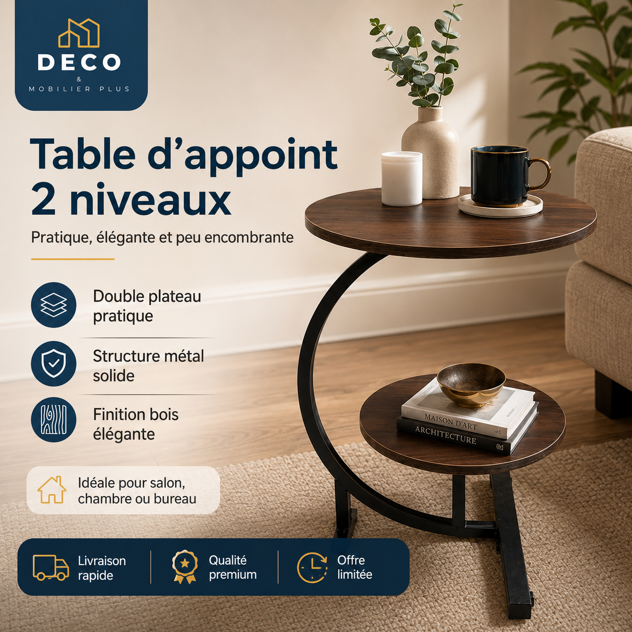 Table d'appoint 2 niveaux – Double Plateau Bois & Métal 12-9