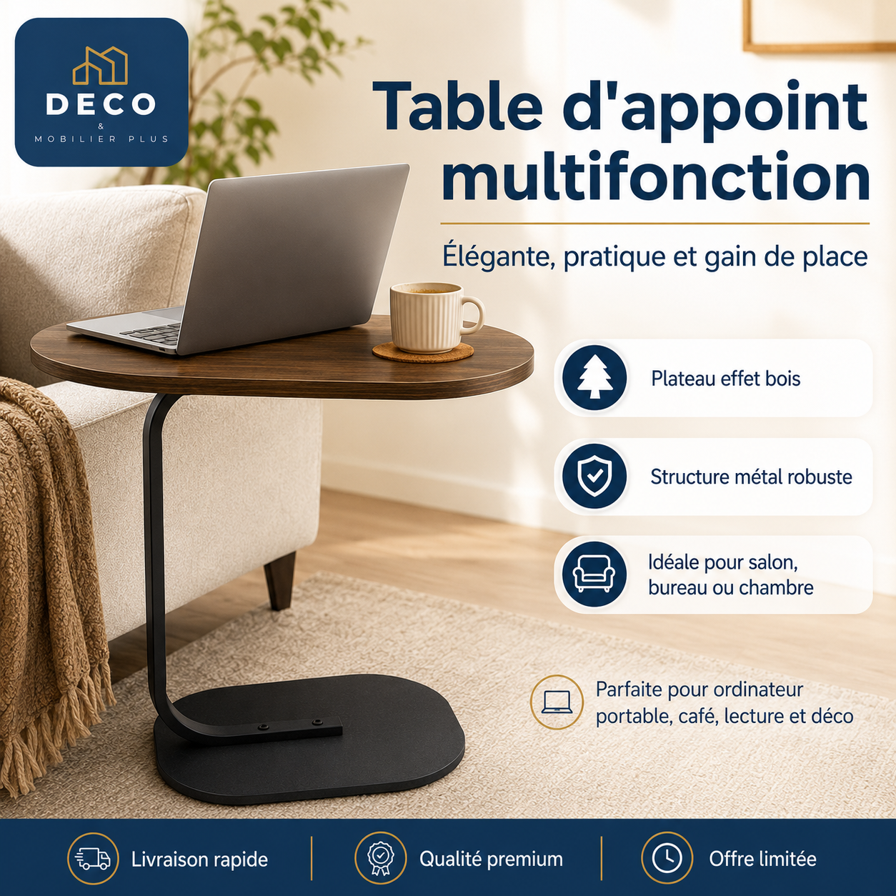 Table d'appoint multifonction – Plateau Bois & Structure Métal 12-7