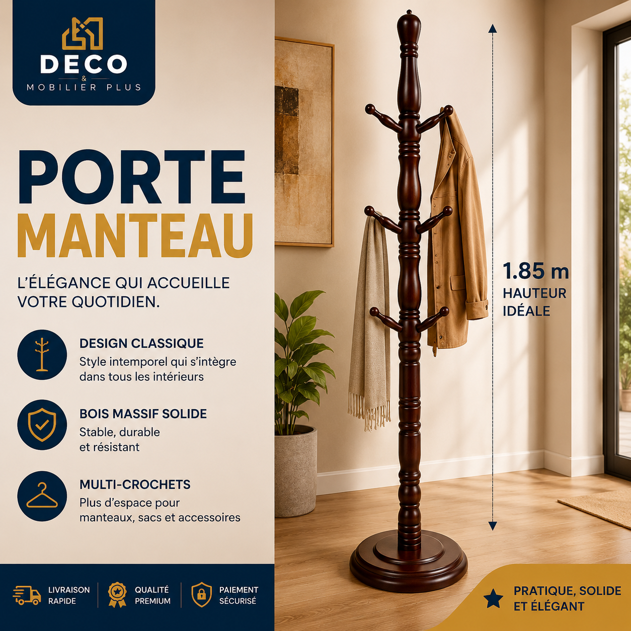 Porte-Manteau sur Pied en Bois Massif 1,85m