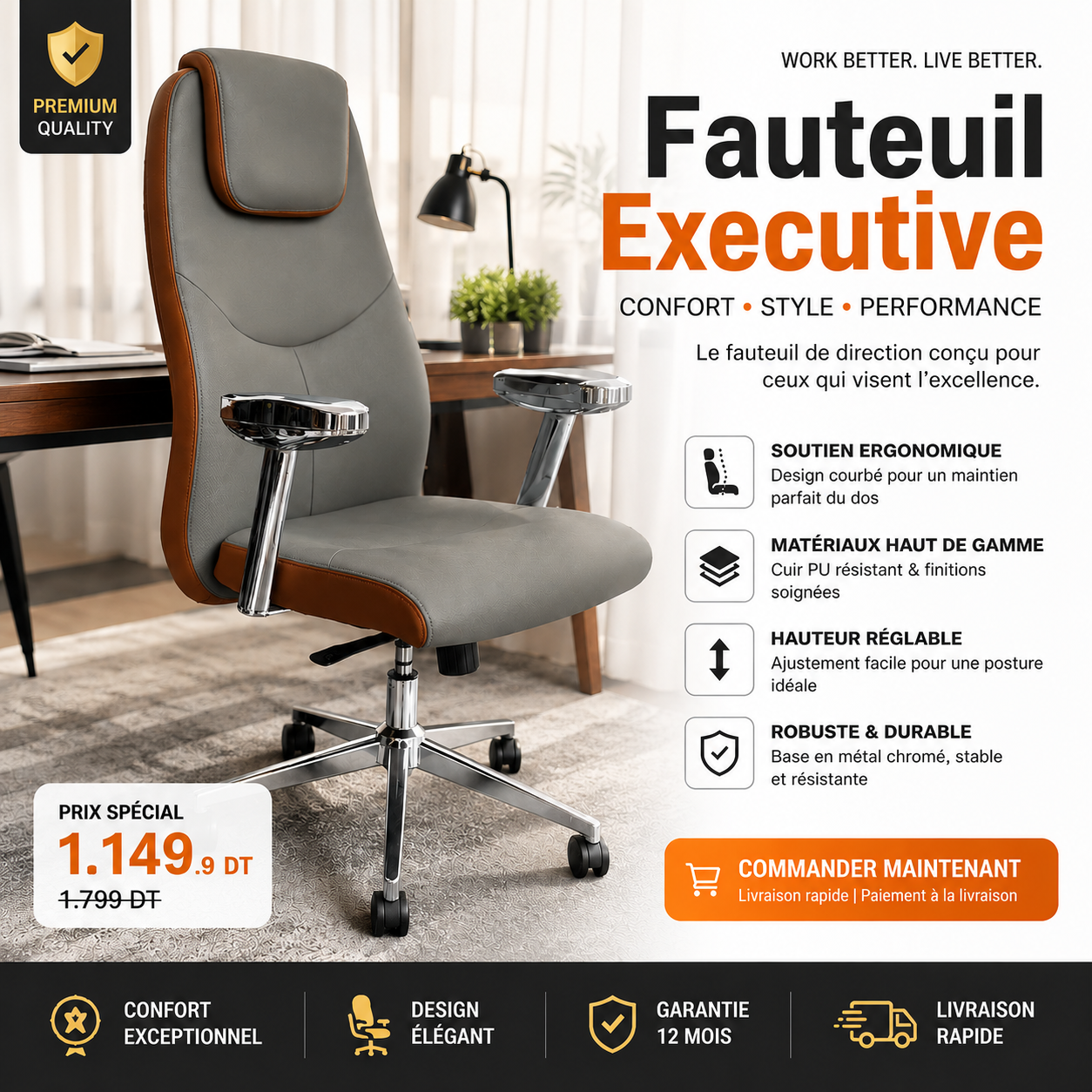 Chaise Bureautique Premium Ergonomique – Confort & Performance
